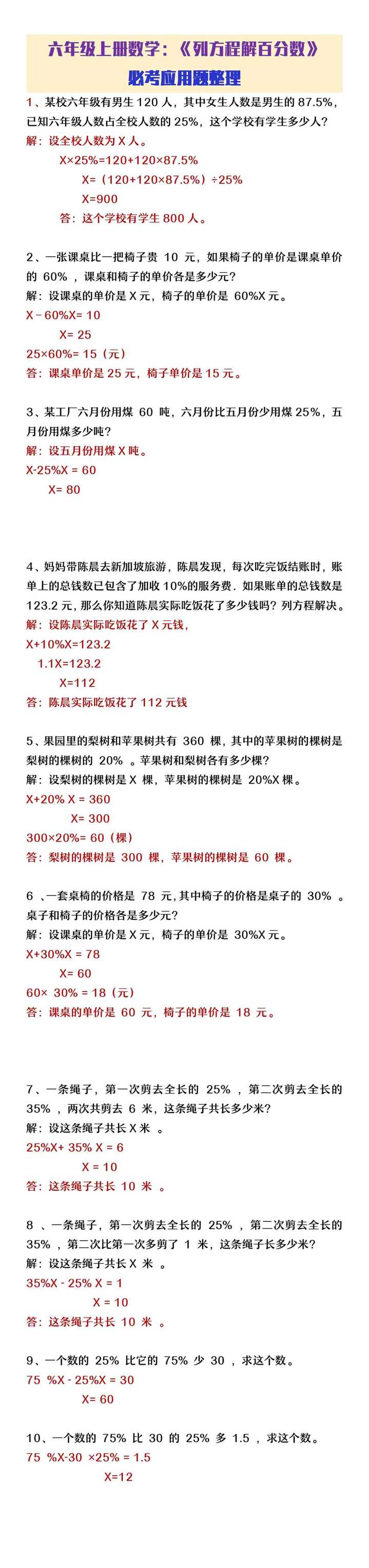 六年级上册数学列方程解百分数应用题