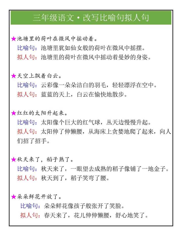 三年级语文改写比喻句拟人句