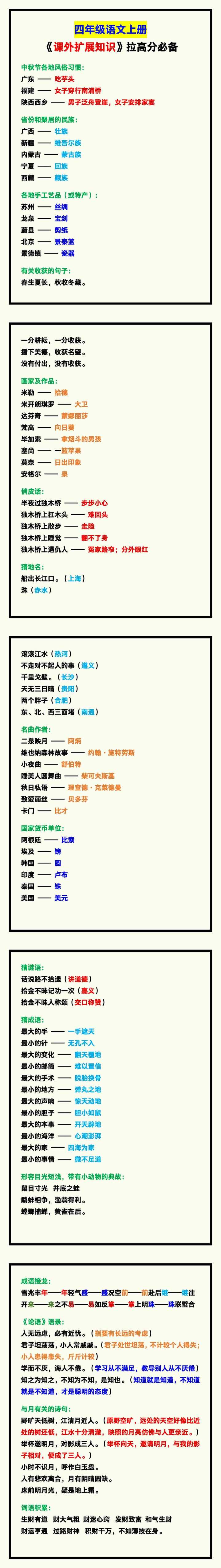 四年级语文上册《课外扩展知识》，拉高分必备！