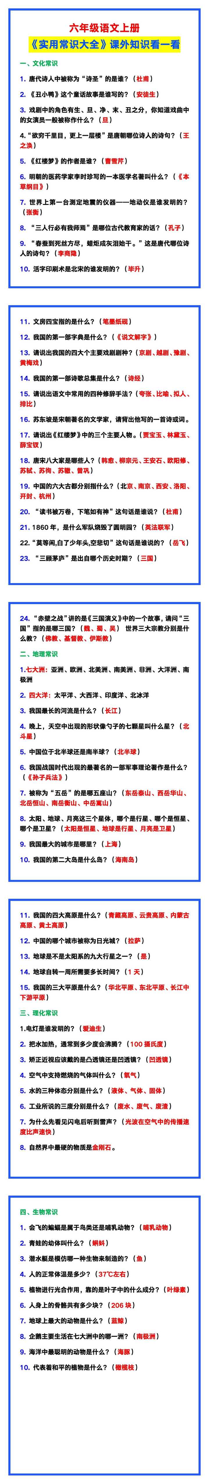 六年级语文上册《实用常识大全》，课外知识看一看！