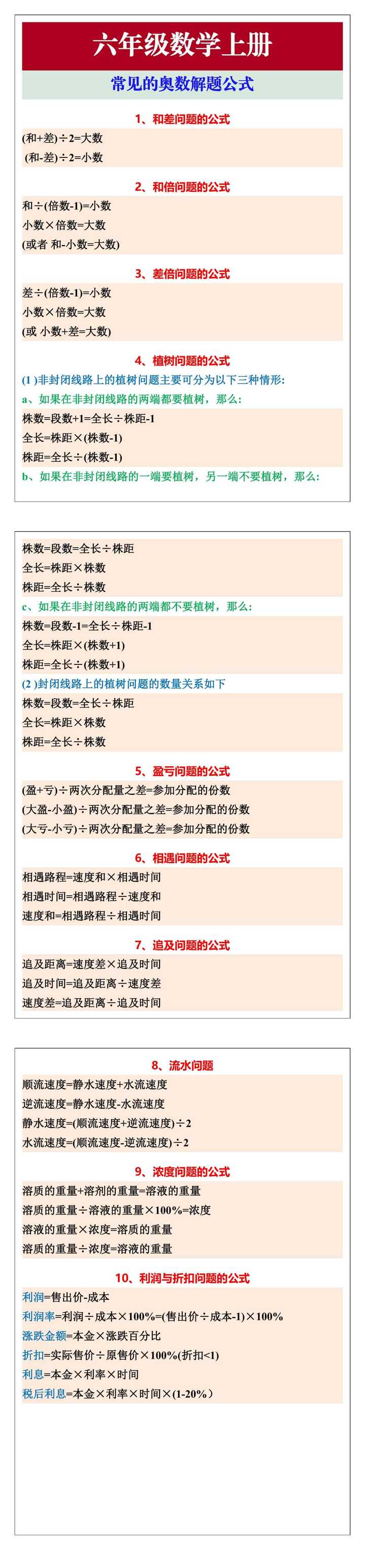 六年级数学上册常见的奥数解题公式