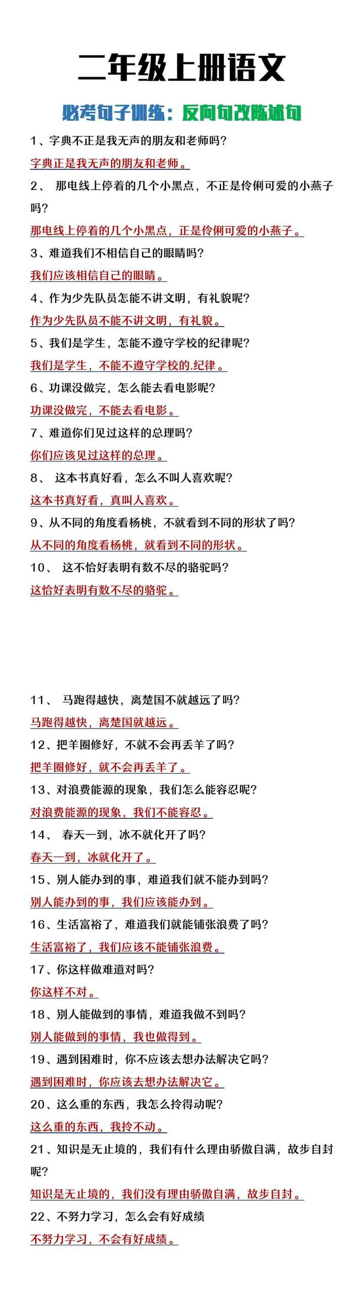 二年级上册语文必考反问句改陈述句