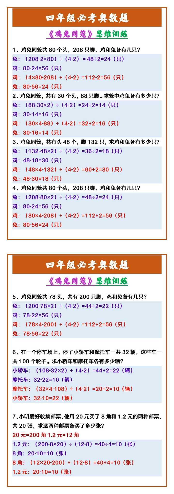 四年级必考奥数题 《鸡兔同笼》思维训练