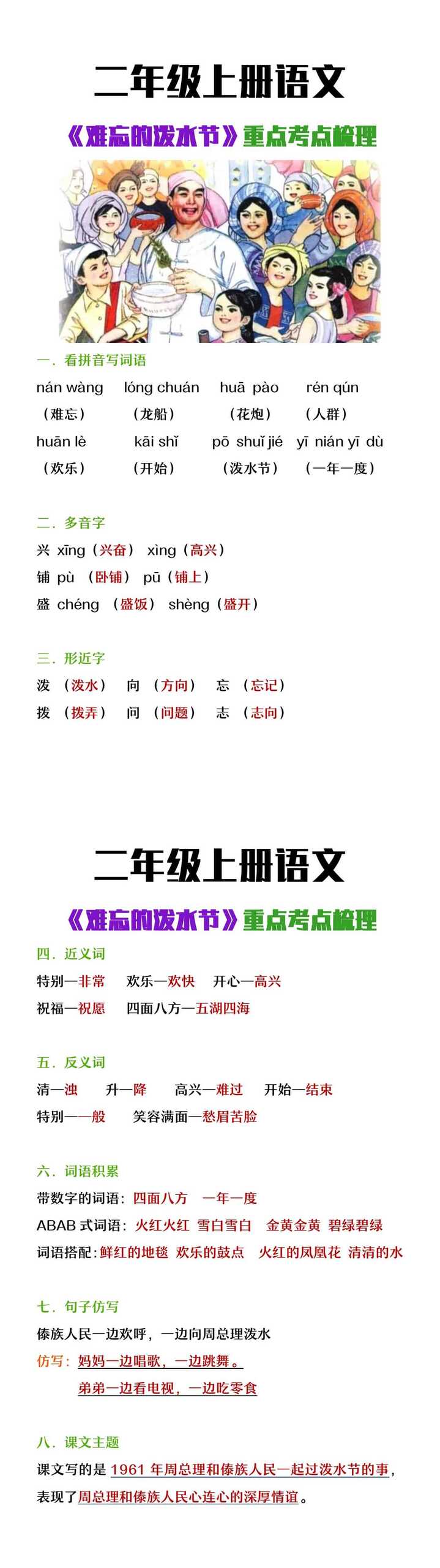 二年级上册语文《难忘的泼水节》重点考点梳理