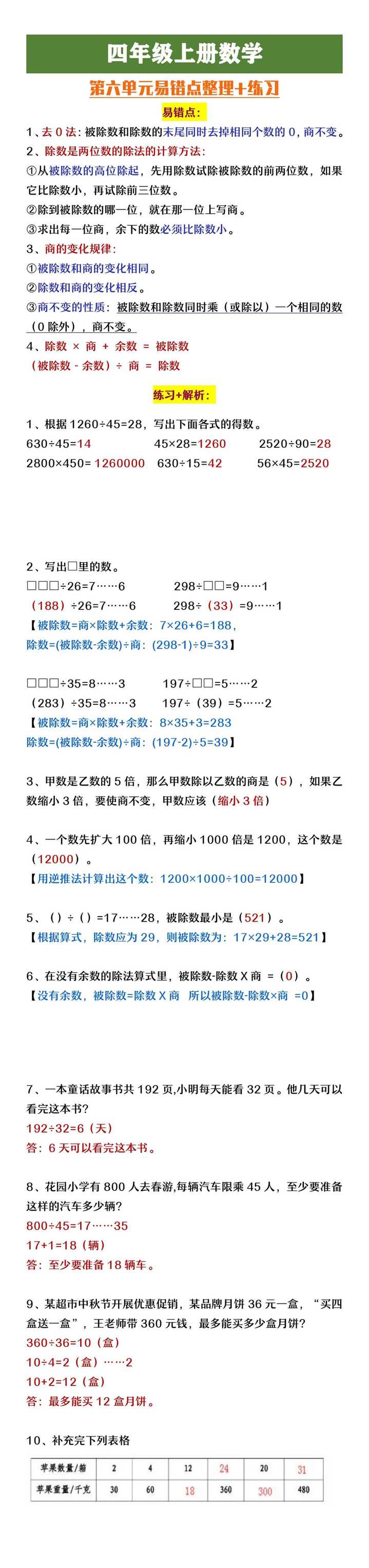 四年级上册数学第六单元易错点及练习