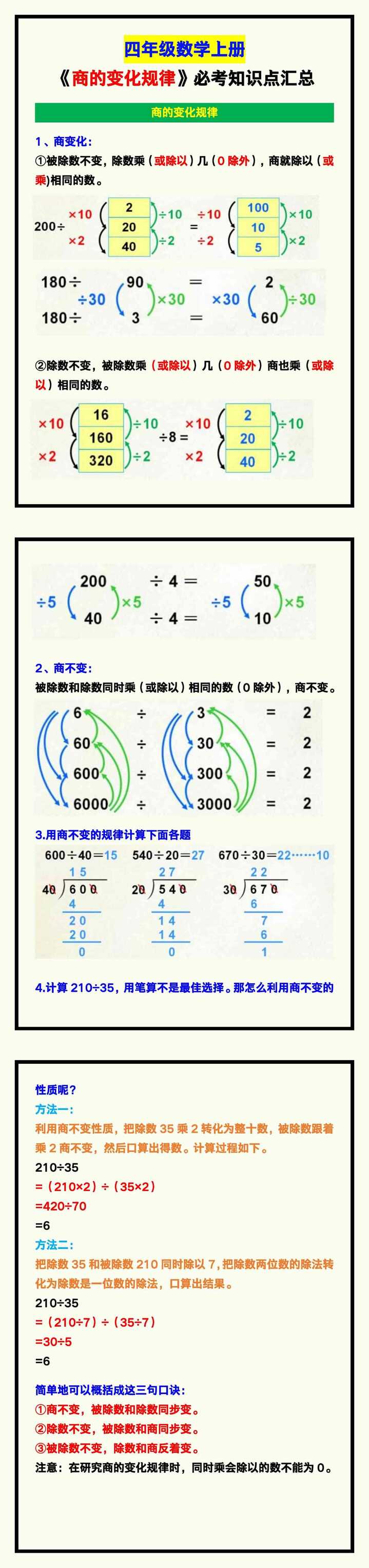 四年级数学上册《商的变化规律》必考知识点汇总！