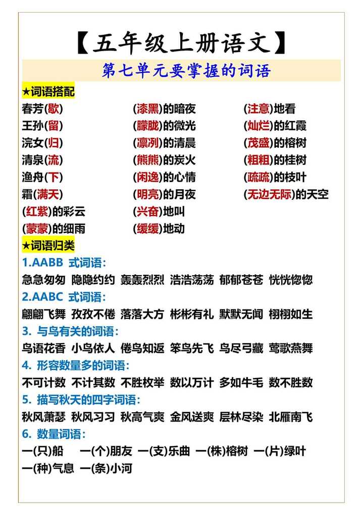 五年级上册语文第七单元要掌握的词语