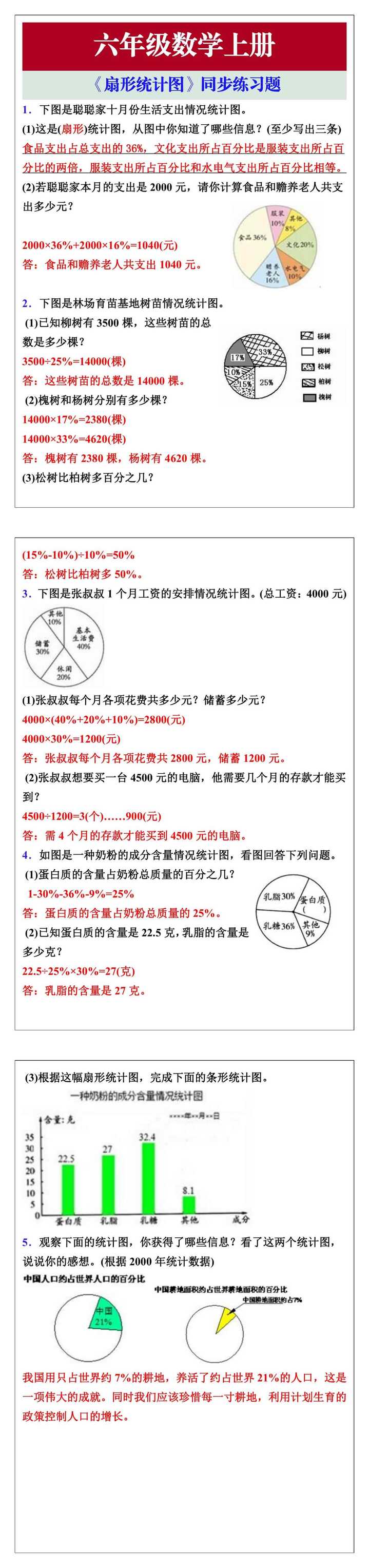 六年级数学上册《扇形统计图》同步练习题