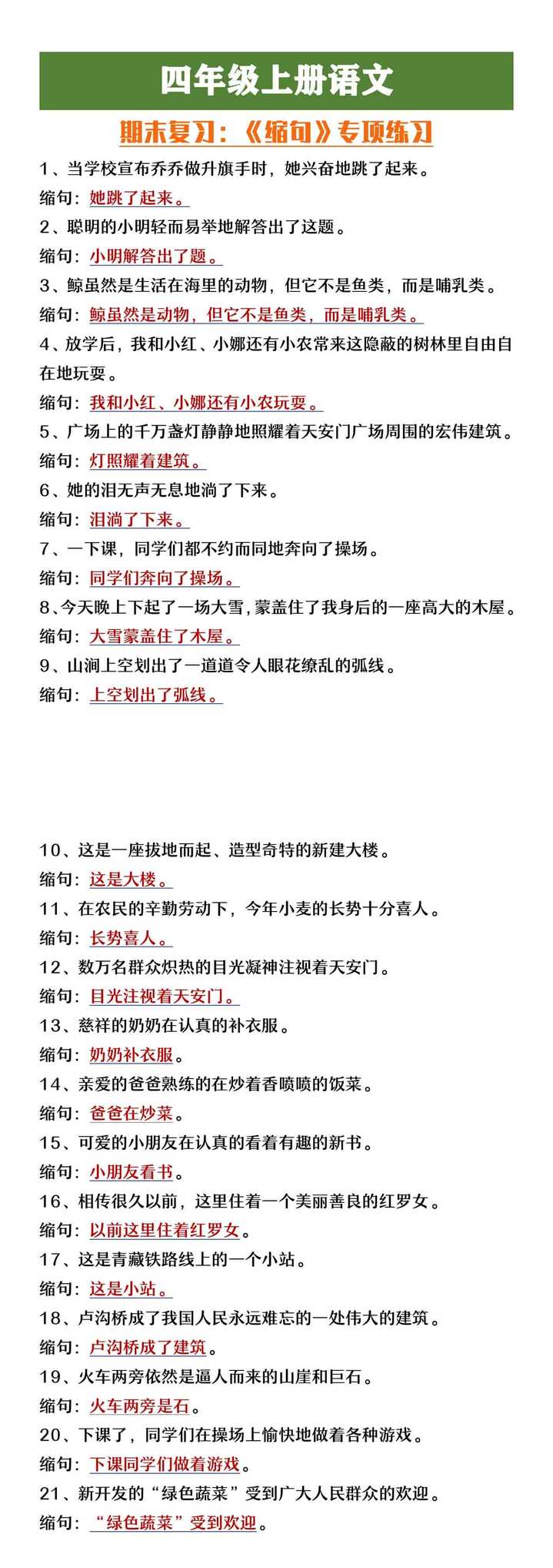 四年级上册语文期末复习《缩句专项练习》