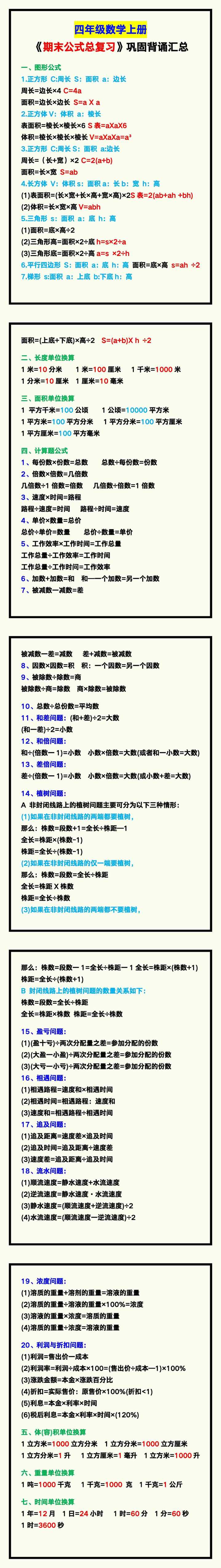 四年级数学上册《期末公式总复习》，巩固背诵！