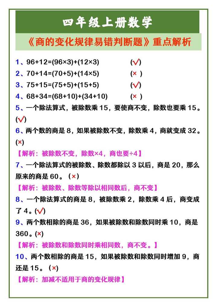 四年级上册数学 《商的变化规律易错判断题》重点解析