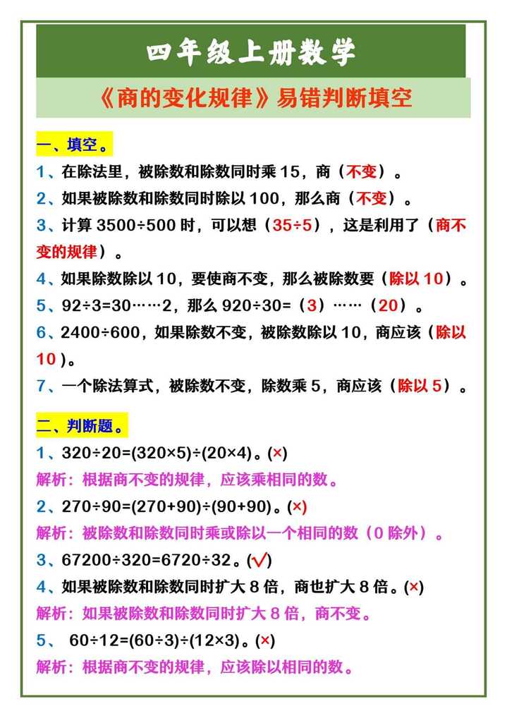 四年级上册数学 《商的变化规律》易错判断填空
