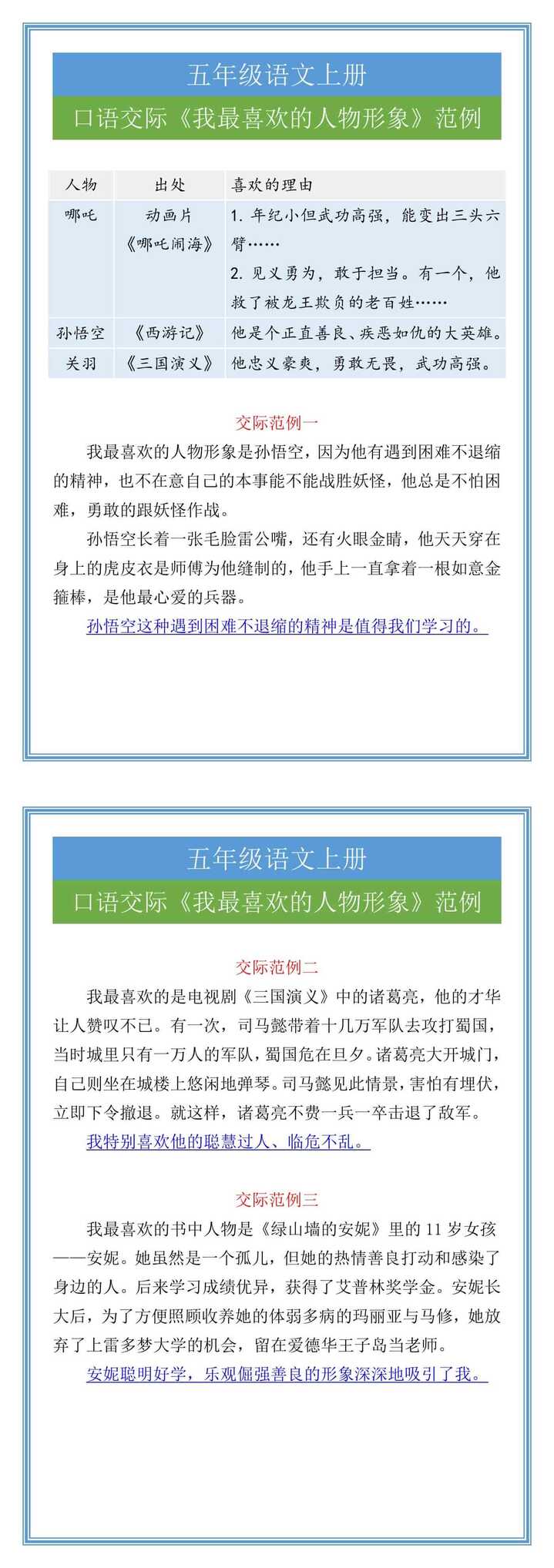 五年级语文上册口语交际《我最喜欢的人物形象》范例