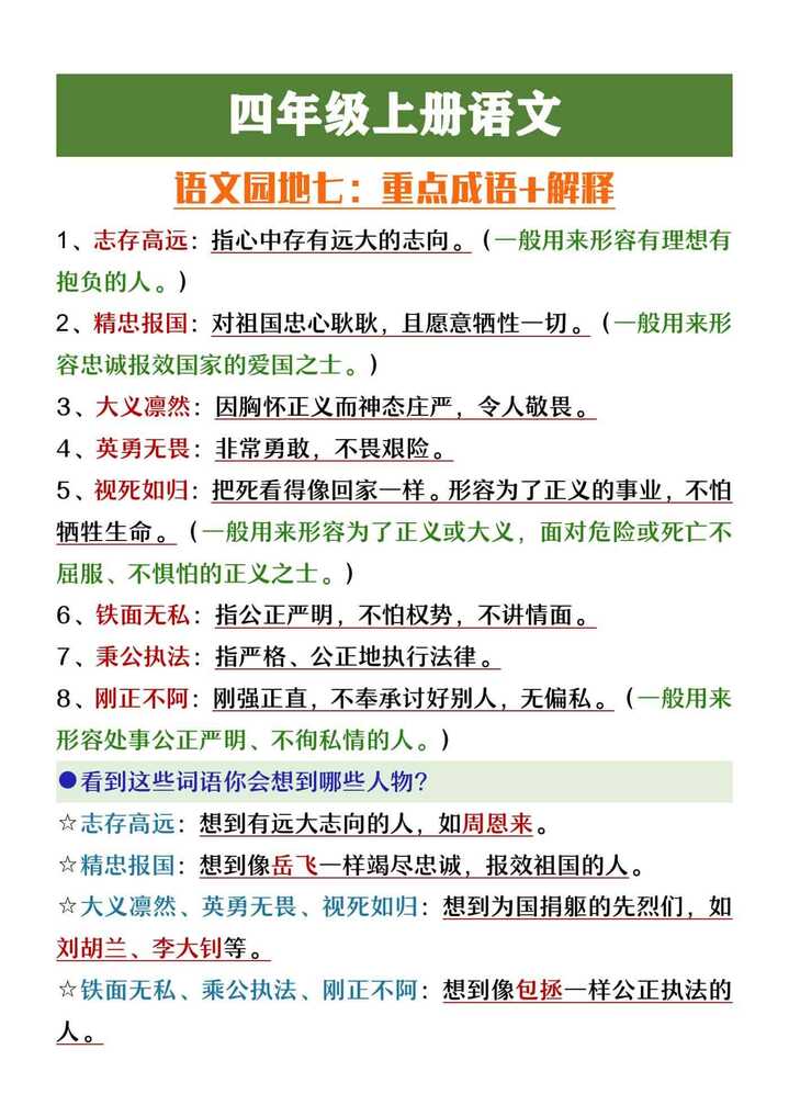 四年级上册语文园地七重点成语+解释