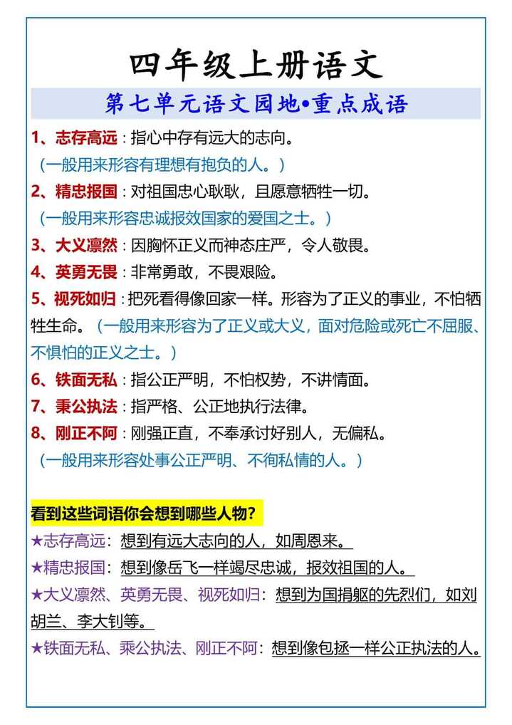 四年级上册语文 第七单元语文园地重点成语