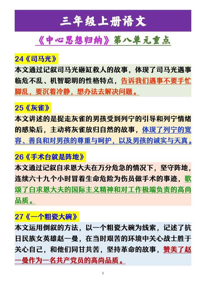 三年级上册语文 《中心思想归纳》第八单元重点