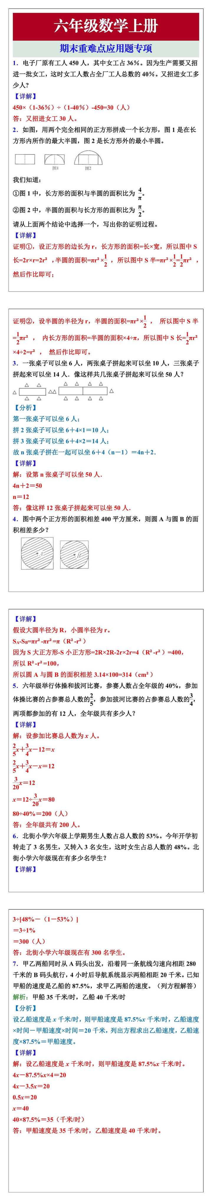 六年级数学上册期末重难点应用题专项