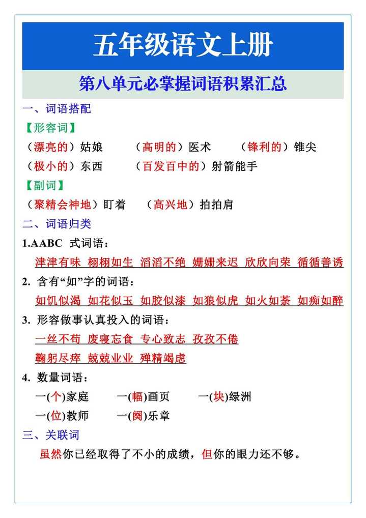 五年级语文上册第八单元必掌握词语积累汇总