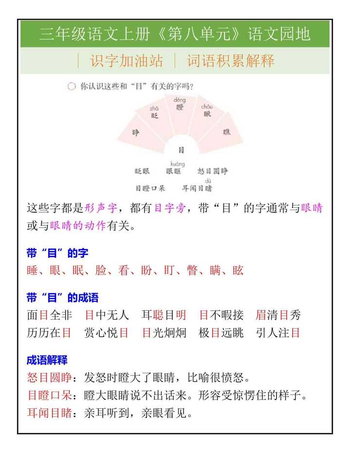 三年级语文上册《第八单元》语文园地识字加油站词语解释