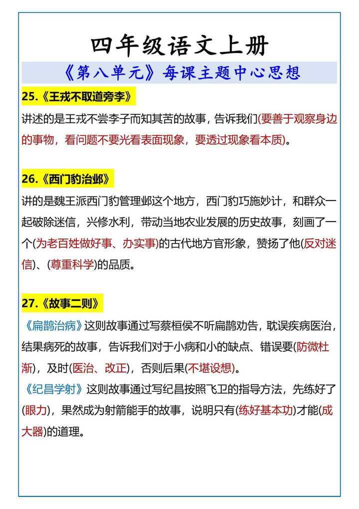 四年级语文上册 《第八单元》每课主题中心思想