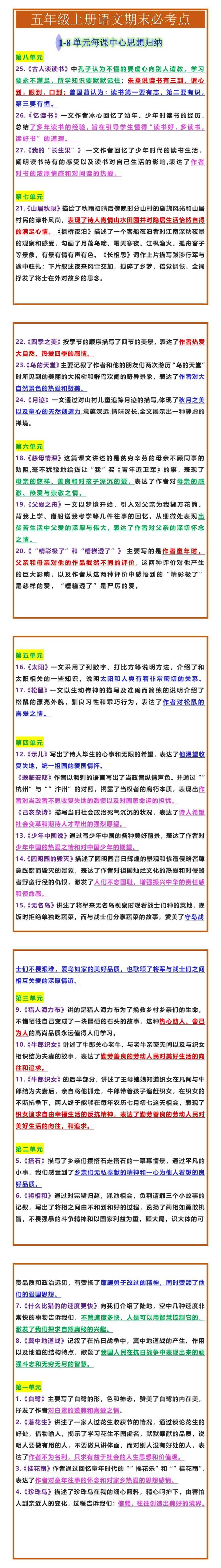 五年级上册语文1-8单元每课中心思想归纳