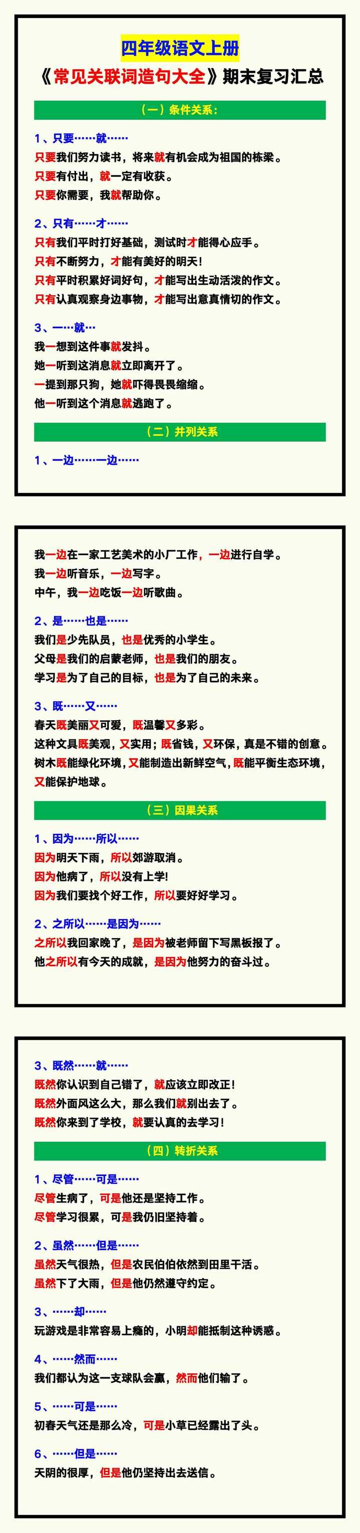 四年级语文上册《常见关联词造句大全》！