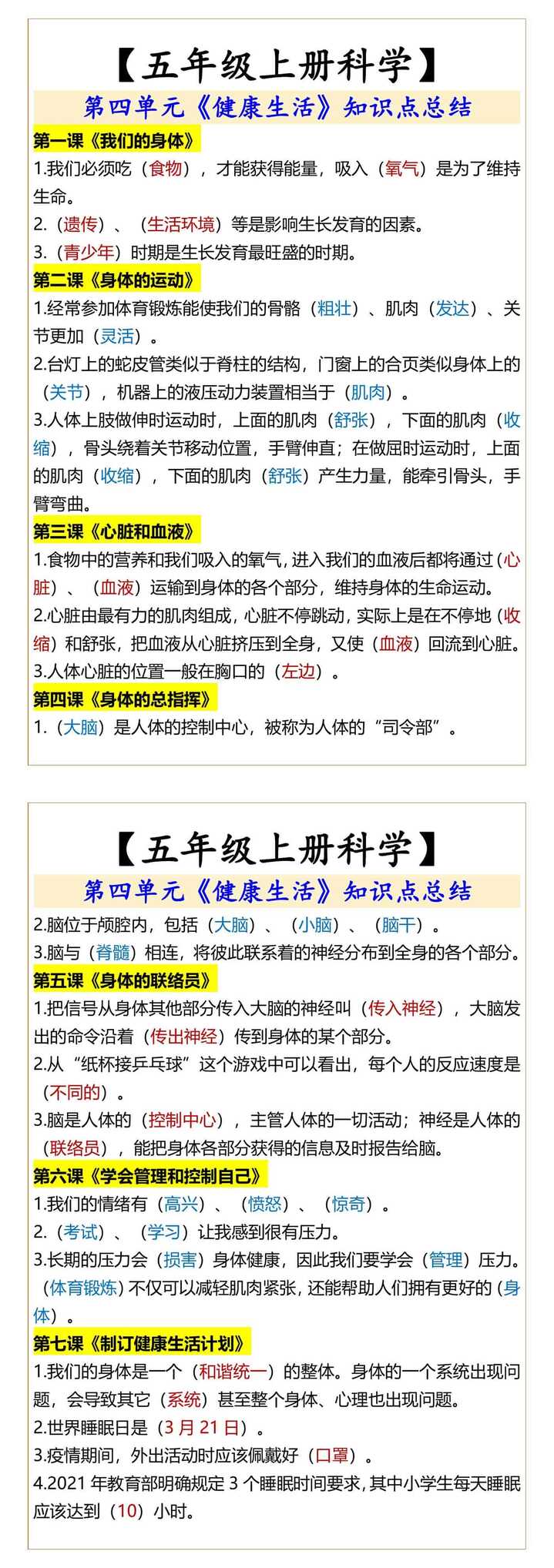 五年级上册科学第四单元《健康生活》知识点总结