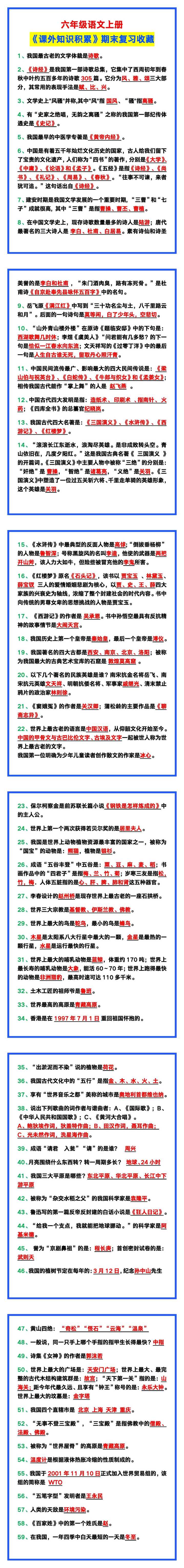 六年级语文上册《课外知识积累》，期末复习收藏！