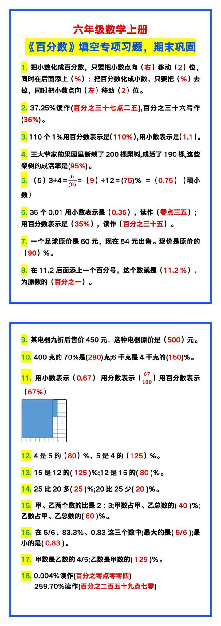 六年级数学上册《百分数》填空专项习题，期末巩固！