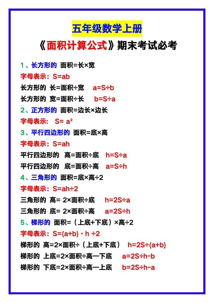 五年级数学上册《面积计算公式》，期末考试必考！