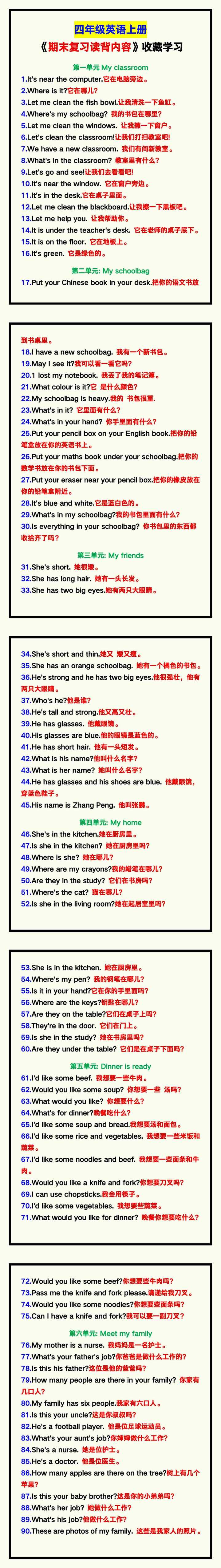 四年级英语上册《期末复习读背内容》！