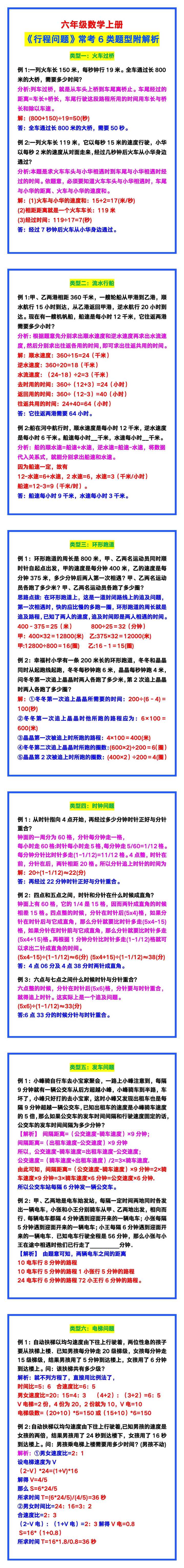 六年级数学上册《行程问题》常考6类题型附解析!