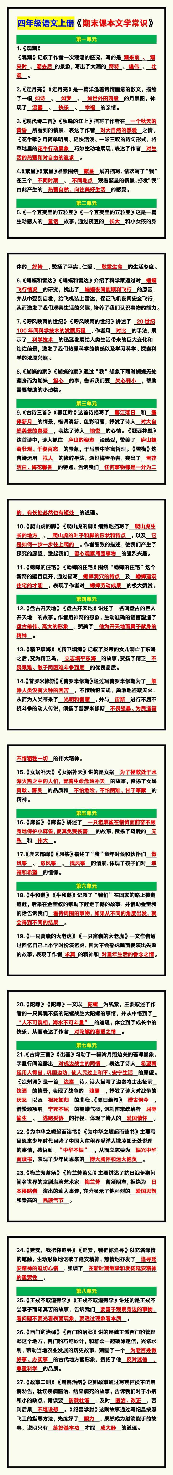 四年级语文上册《期末课本文学常识归纳》！