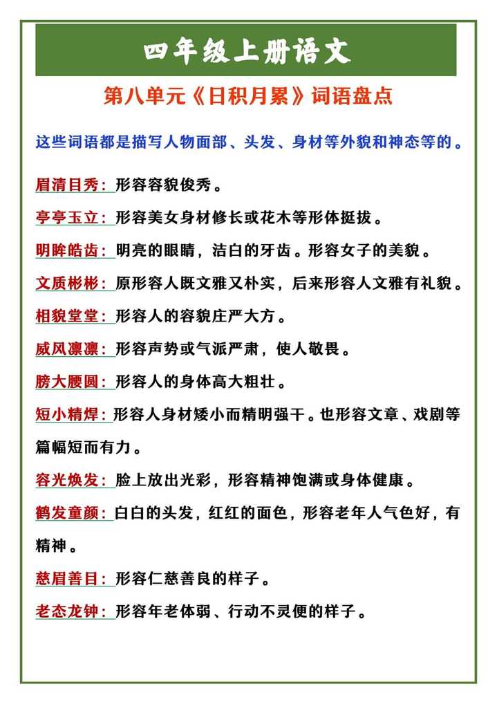 四年级上册语文 第八单元《日积月累》词语盘点