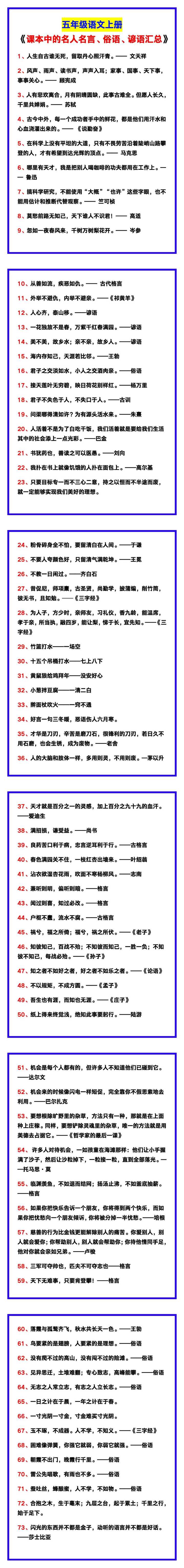五年级语文上册《课本中的名人名言、俗语、谚语汇总》！