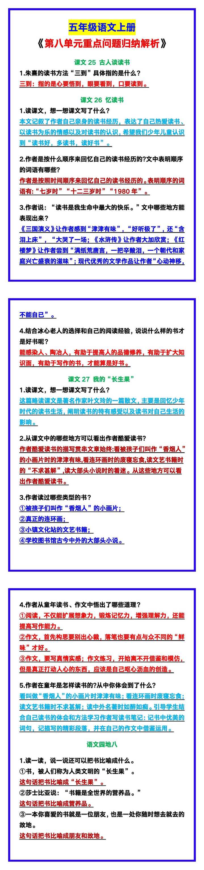 五年级语文上册《第八单元重点问题归纳解析》汇总！