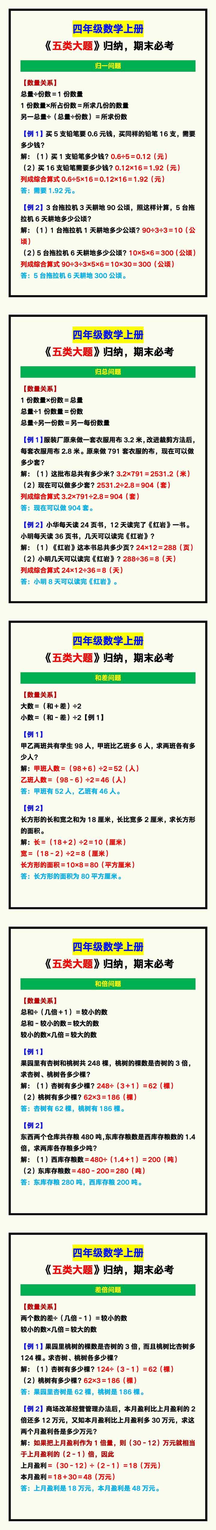 四年级数学上册《五类大题》归纳，期末必考！
