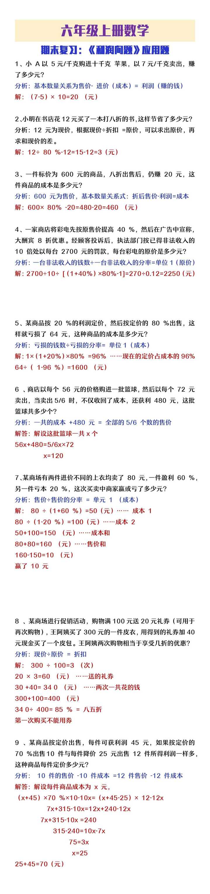 六年级上册数学期末复习《利润问题》应用题