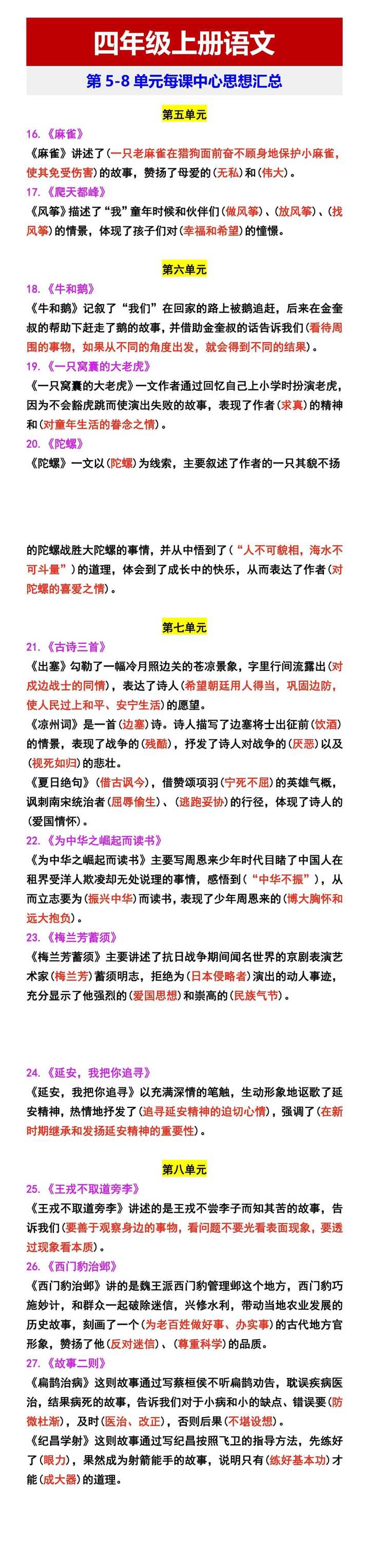 四年级上册语文 第5-8单元每课中心思想汇总