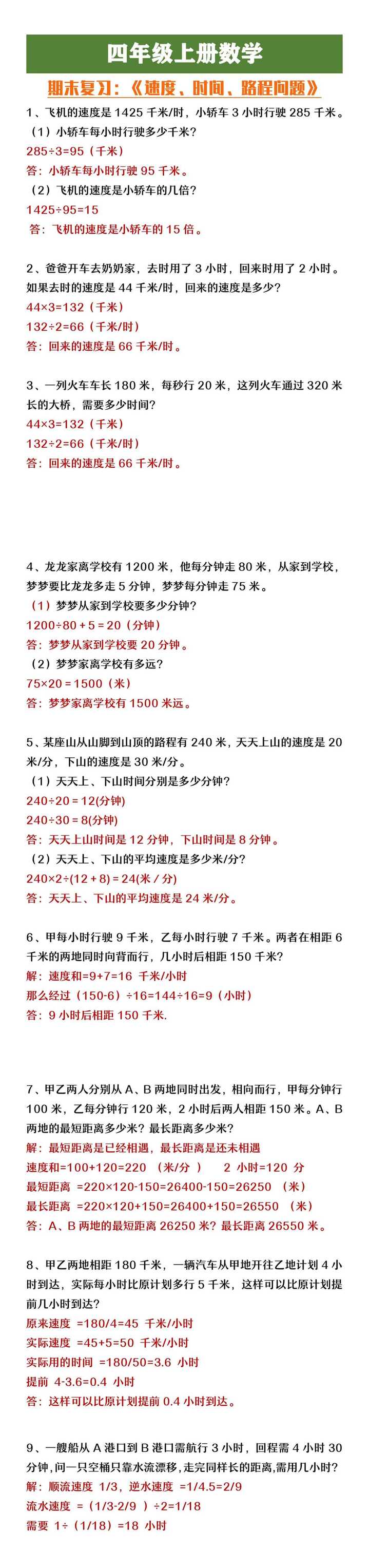 四年级上册数学期末复习《速度、路程、时间问题》