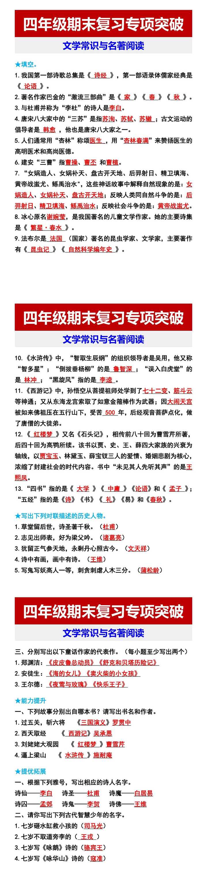 四年级期末复习专项突破 文学常识与名著阅读