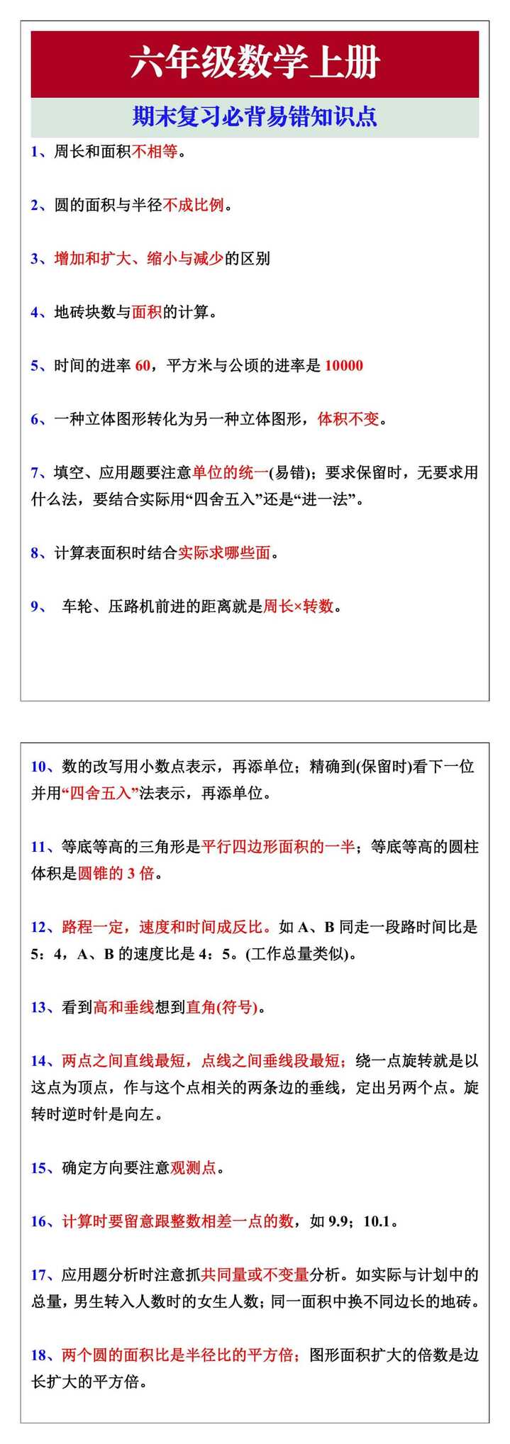 六年级数学上册期末复习必背易错知识点