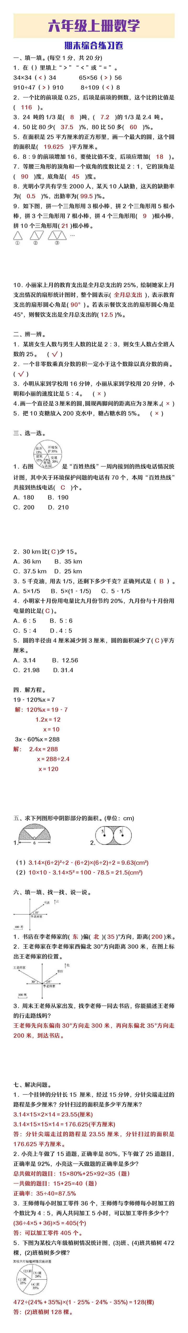 六年级上册数学期末综合练习卷