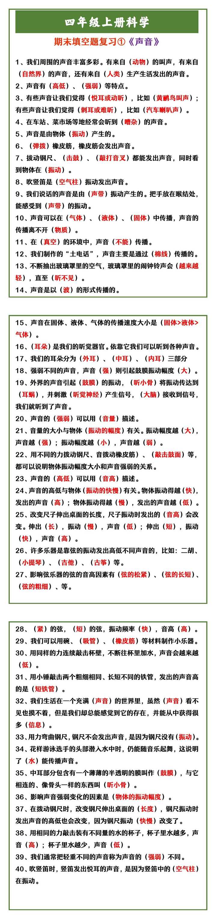 四年级上册科学 期末填空题复习①《声音》