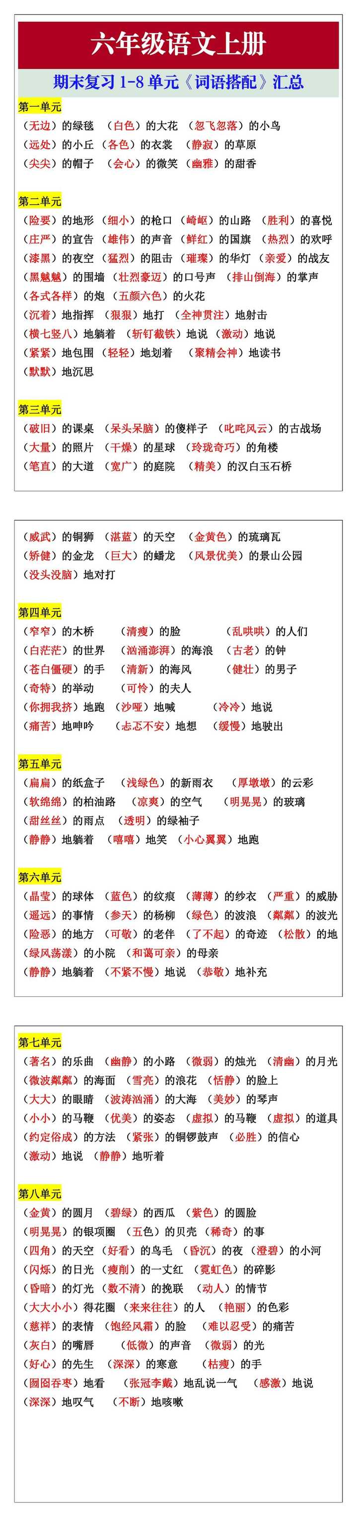 六年级语文上册期末复习1-8单元《词语搭配》汇总