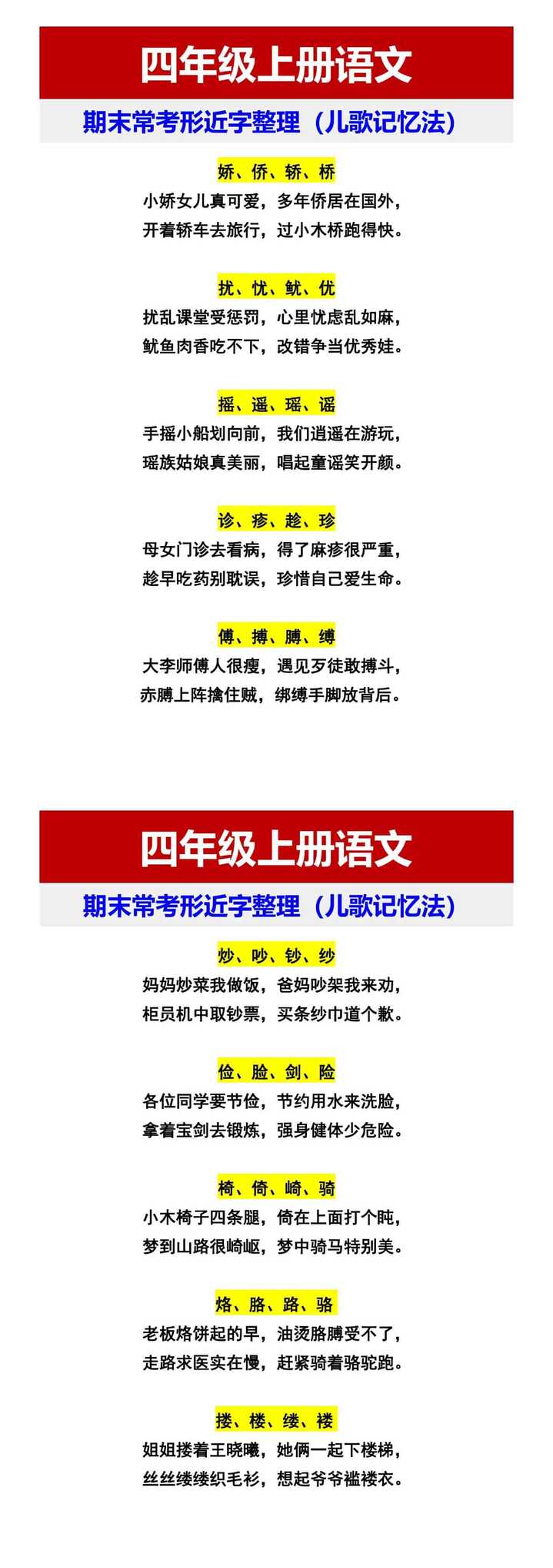 四年级上册语文 期末常考形近字整理（儿歌记忆法）