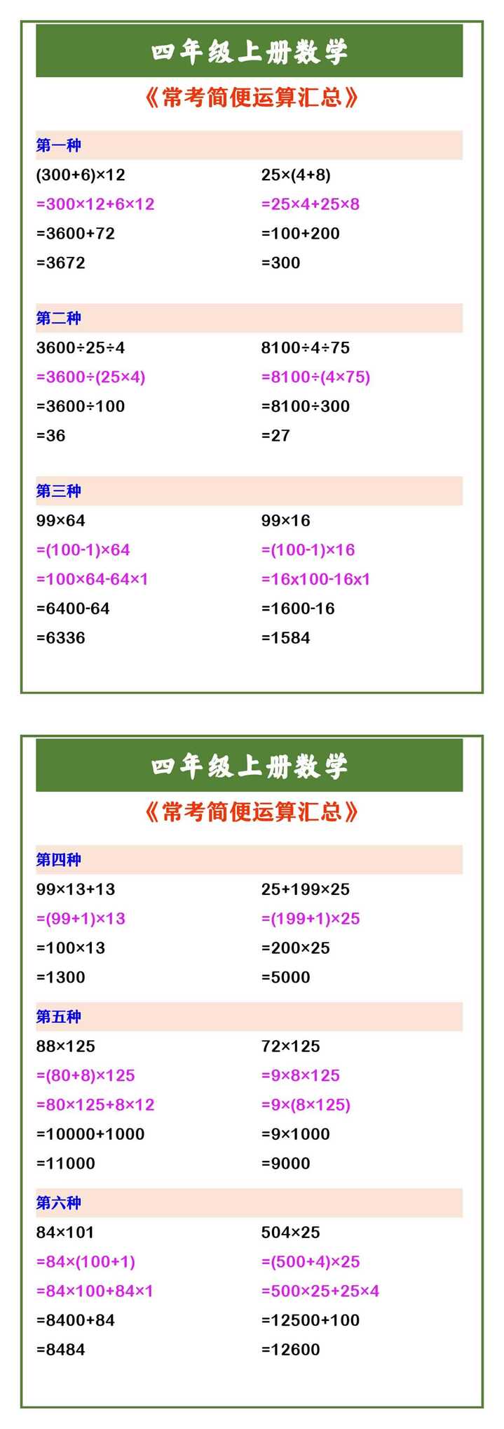 四年级上册数学 《常考简便运算汇总》
