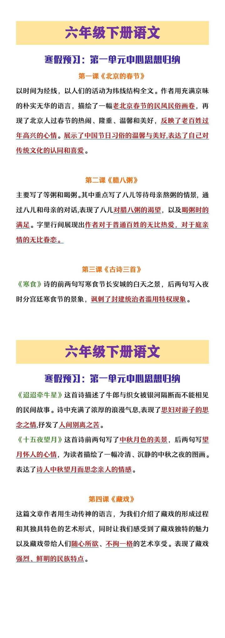 六年级下册语文第一单元中心思想归纳