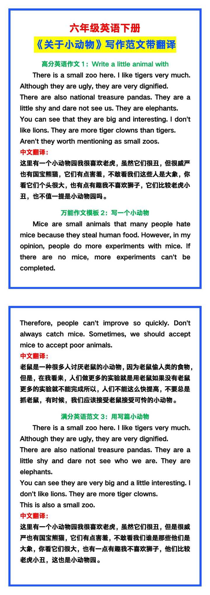 六年级英语下册《小动物》范文带翻译！
