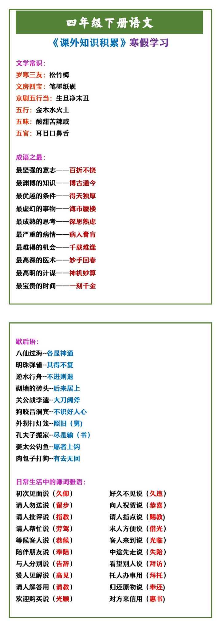 四年级下册语文 《课外知识积累》寒假学习
